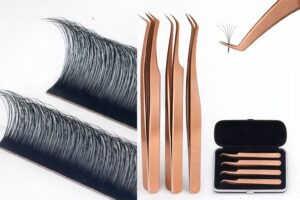 Professionella pincetter i roséguld och lösögonfransar för fransförlängning.